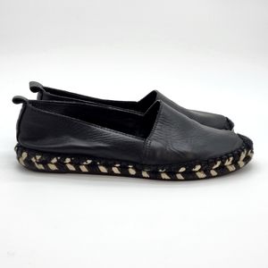 Atelier black leather slip on espadrilles with black+white braided trim Sz 5½
